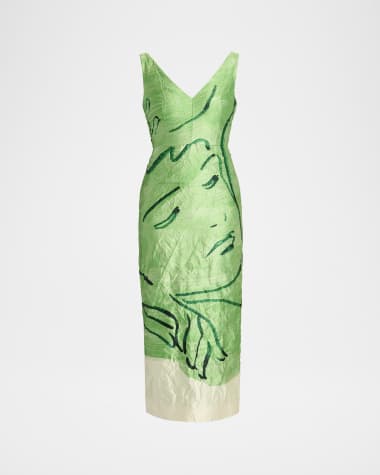 Erdem Face-Print Sleeveless Crinkle Satin Midi Cocktail Dress