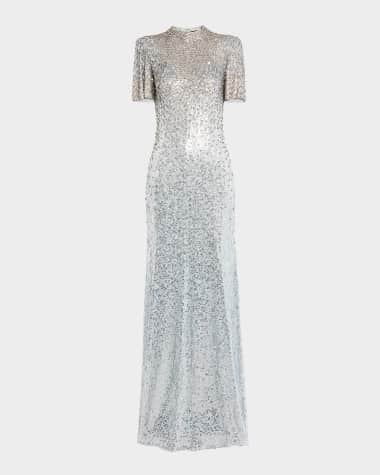 Jenny Packham Jourdain Crystal Sequined Flutter-Sleeve Gown