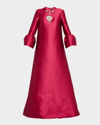 Reem Acra Embellished Ruffle-Sleeve Mikado Pique Maxi Dress
