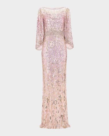 Jenny Packham Ines Crystal Sequined Flare-Sleeve Gown