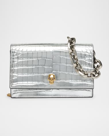 McQueen Skull Metallic Croc-Embossed Leather Shoulder Bag