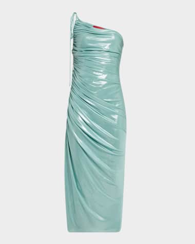 Halston Mona One-Shoulder Glossy Jersey Midi Dress
