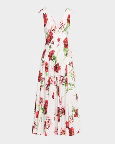 Oscar de la Renta Sleeveless V-Neck Peony-Print Poplin Day Dress