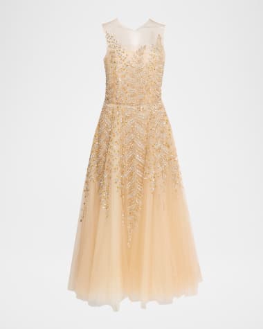 Oscar de la Renta Fern Embroidered Sleeveless Midi Illusion Dress