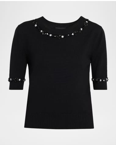 Oscar de la Renta Sequin Flower Short-Sleeve Knit Sweater