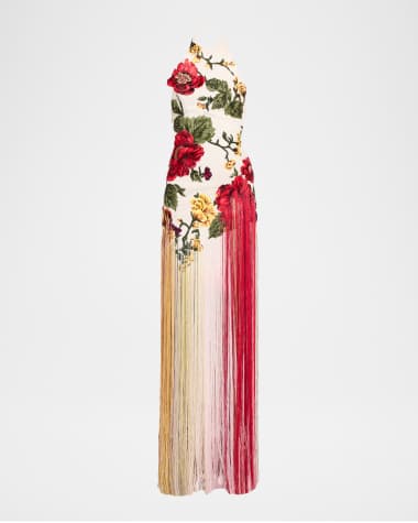 Oscar de la Renta Halter Neck Embroidered Tulle Gown