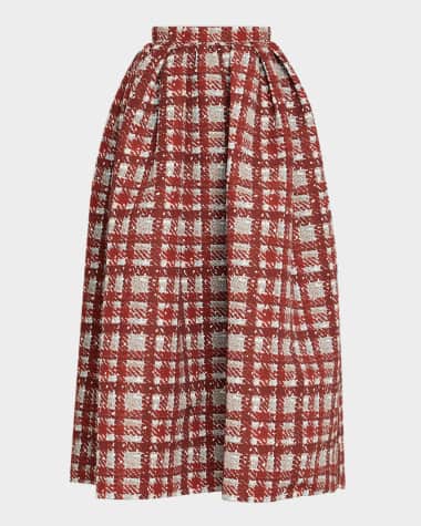 Oscar de la Renta Textured Plaid-Print Pleated Midi Circle Skirt