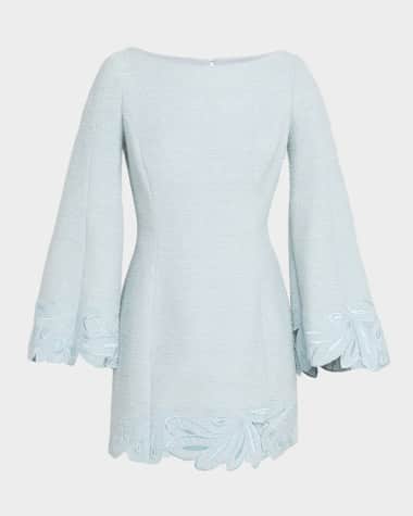 Oscar de la Renta Flared Embroidered Long-Sleeve Cotton Tweed Dress