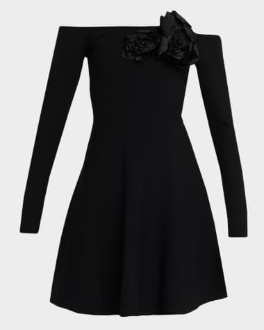 Oscar de la Renta Off-The-Shoulder Flower Applique Long-Sleeve Knit Mini Dress