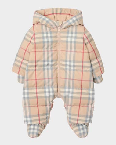 Burberry Kid's Robinson Check Hooded Down Puffer Suit, Size Newborn-6