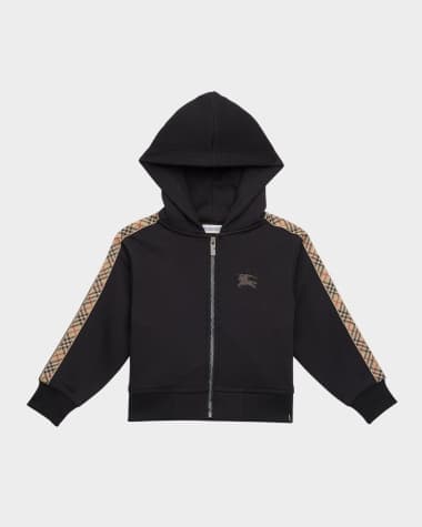 Burberry Boy's Clyde Check Tape Zip-Front Hoodie, Size 3-12