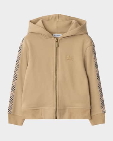 Burberry Boy's Clyde Check Tape Zip-Front Hoodie, Size 3-14