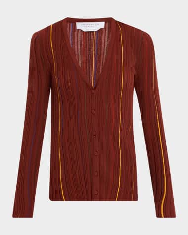 Gabriela Hearst Barth Pinstripe Pleated Knit V-Neck Cardigan