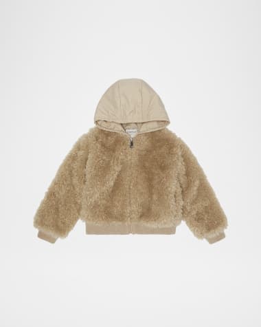 Moncler Girl's Teddy Zip-Front Cardigan with Nylon Hood, Size 8-10