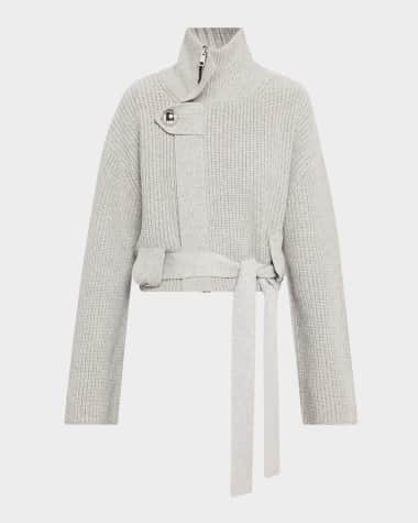 Brandon Maxwell Neal Zip-Front Cashmere Sweater with Tie Belt