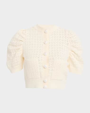 Dice Kayek Pointelle Knit Puff-Sleeve Crop Cardigan