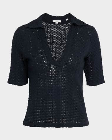 Vince Knit Elbow-Sleeve Polo Top