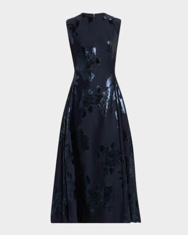 Lela Rose Metallic Floral Jacquard Sleeveless Midi Dress