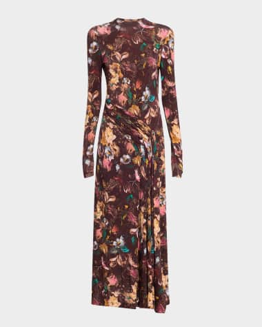 Lela Rose Floral Long-Sleeve Draped Ankle Dress