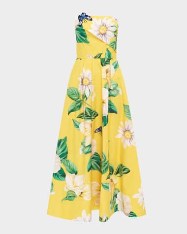LEO LIN Lynn Pleated Floral-Print Bustier Midi Dress