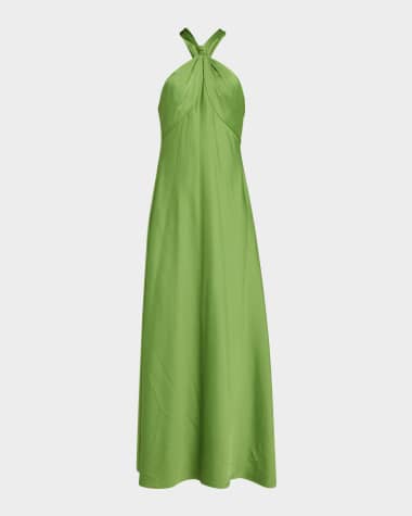 Liv Foster Knot-Embellished Satin Halter Gown