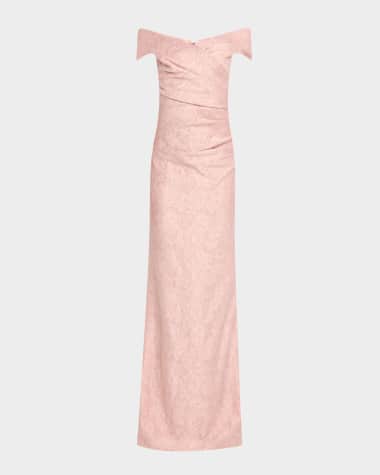 Rickie Freeman for Teri Jon Off-Shoulder Metallic Jacquard Column Gown