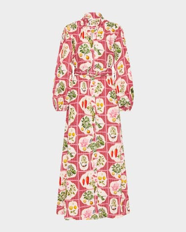 PALM NOOSA Noddy Belted Tile-Print Linen Maxi Shirtdress