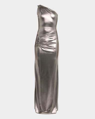 Chiara Boni La Petite Robe Ruched One-Shoulder Metallic Jersey Gown