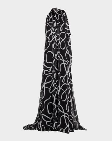 Halston Lyle Brushstroke-Print Chiffon Halter Gown