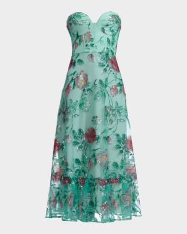 Dress the Population Black Label Lauren Flounce Floral Sequin Corset Midi Dress