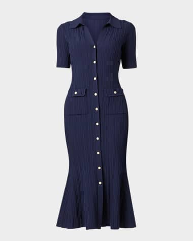 Shoshanna Tulip Rib Knit Button-Down Midi Dress