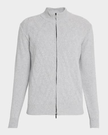 Neiman Marcus Men's Wool and Cashmere Diamond-Knit Full-Zip Sweater