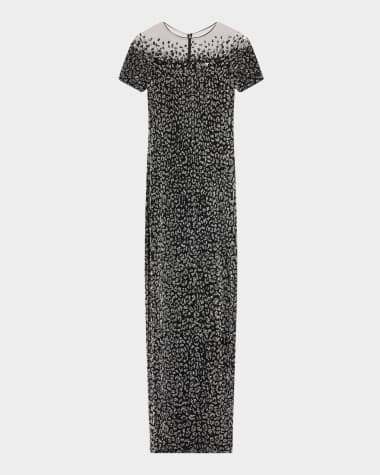 Pamella Roland Leopard Sequined Off-The-Shoulder Illusion Gown