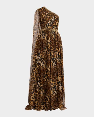 Pamella Roland Leopard Chiffon Cape-Sleeve One-Shoulder Gown With Embroidered Belt