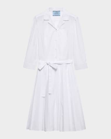 Prada Pleated Popeline Neck-Tie Shirtdress