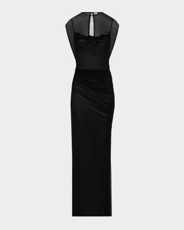 Jean Paul Gaultier Flocked Tattoo Logo Draped Mesh Backless Maxi Dress