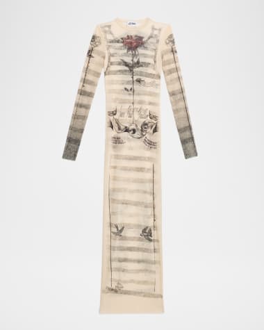 Jean Paul Gaultier Tattoo Mariniere Mesh Long-Sleeve Maxi Dress