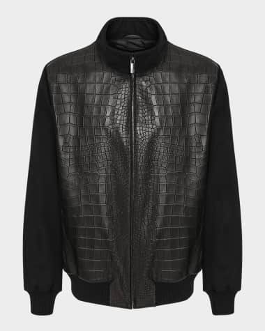 Gorski Men's Croco-Print Nappa Leather & Loro Piana Wool Bomber Jacket