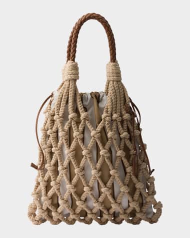 Prada Medium Striped Cotton Macrame Top-Handle Bag