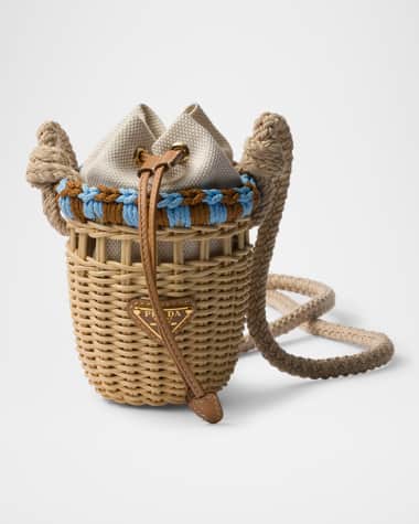 Prada Wicker and Linen-Blend Mini Bucket Bag