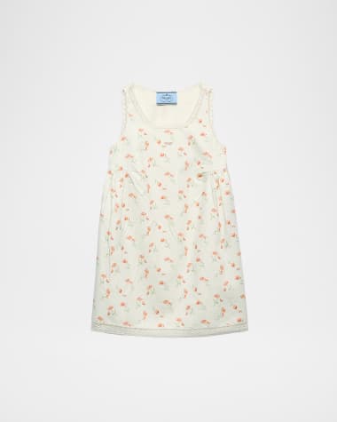 Prada Lino Flower-Print Sleeveless Mini Babydoll Dress