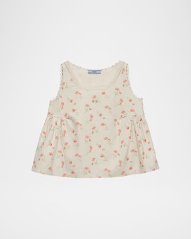 Prada Floral-Print Linen Sleeveless Babydoll Top