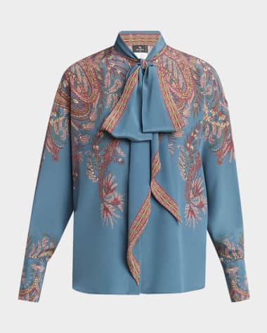 Etro Floral Paisley Silk Bow Blouse