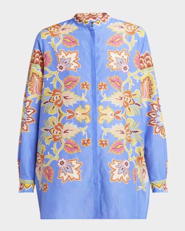 Etro Blue Bouquet Voile Tunic Blouse