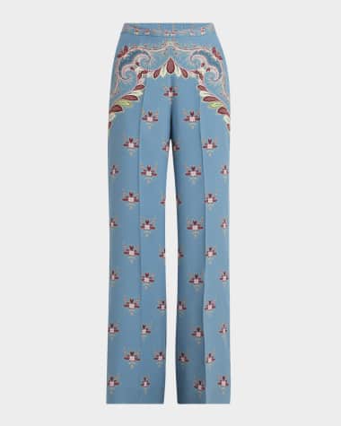 Etro Largo Floral Paisley Silk Straight-Leg Pants