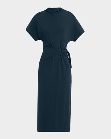 Brunello Cucinelli Drape Short-Sleeve Wool Jersey Midi Wrap Dress