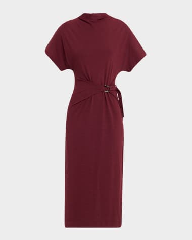 Brunello Cucinelli Drape Short-Sleeve Wool Jersey Midi Wrap Dress