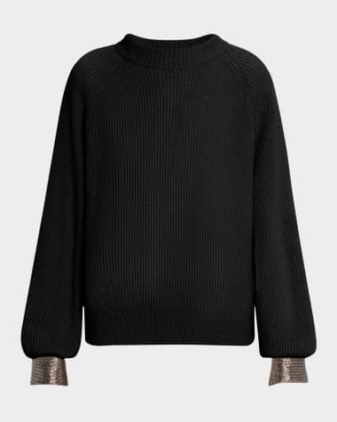 Brunello Cucinelli Monili-Cuff Cashmere Rib Crewneck Sweater