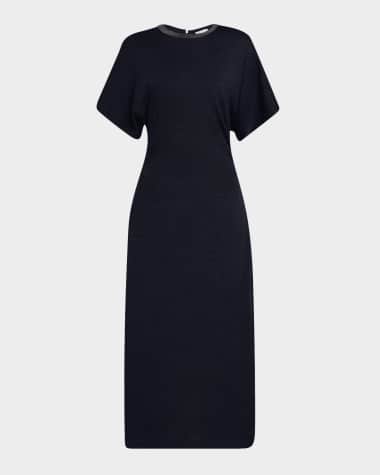 Brunello Cucinelli Monili-Neck Short-Sleeve Gathered Wool Jersey Midi T-Shirt Dress
