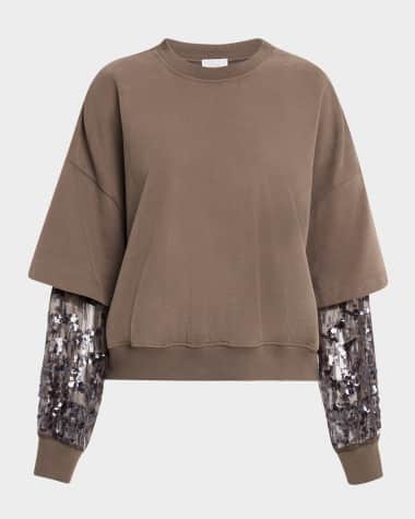 Brunello Cucinelli Crewneck Top with Sheer Sequined Raindrop Sleeves